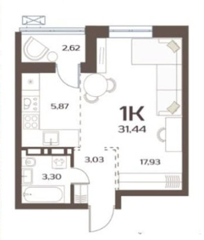 ЖК Меридианы Улисса, 1-комн кв 31,44 м2, за 6 450 853 ₽, 6 этаж